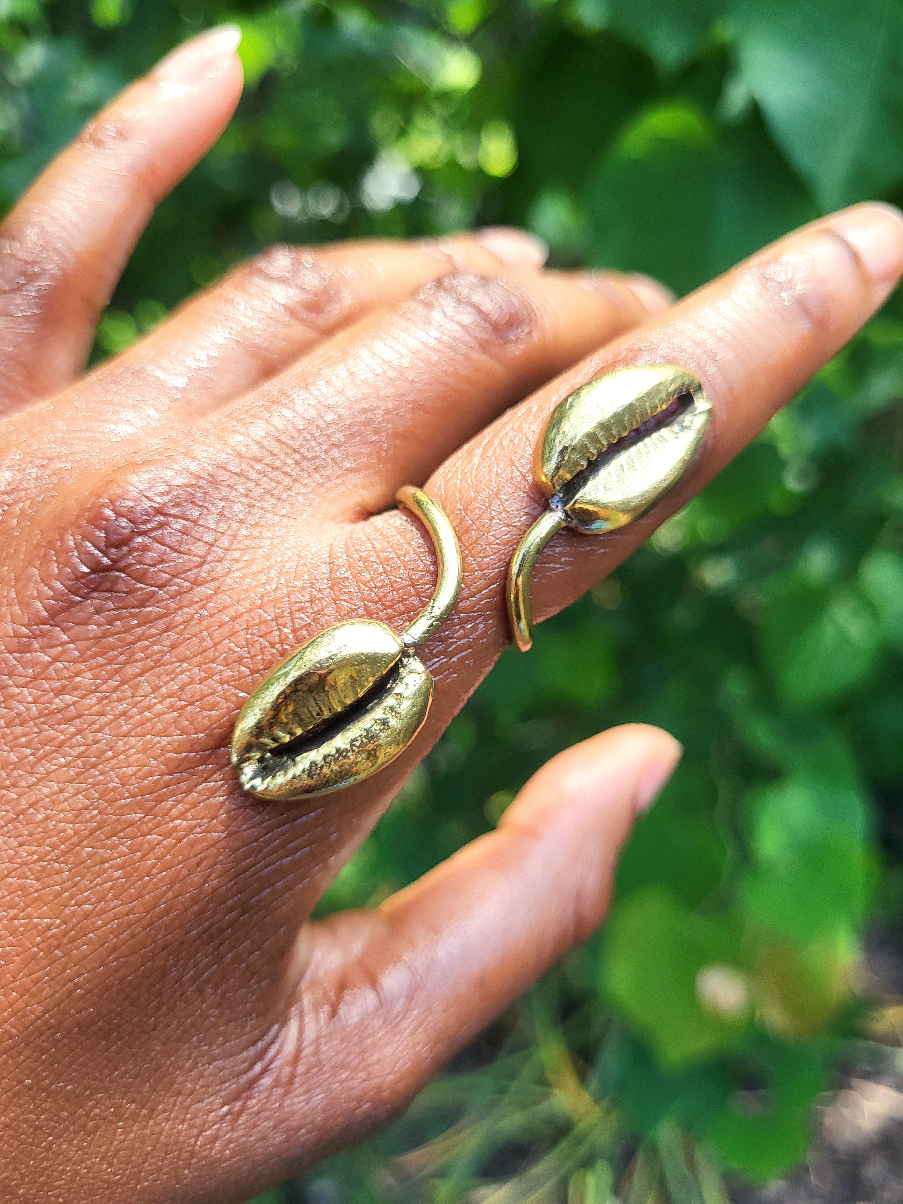 Abundance Brass Cowrie Shell Ring Moon Goddess