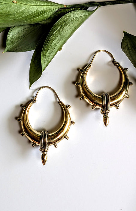 Pair of gold hoop earrings with intricate designs on a white background with green leaves.