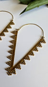 Gold triangle-shaped earrings on a white surface with green leaves.