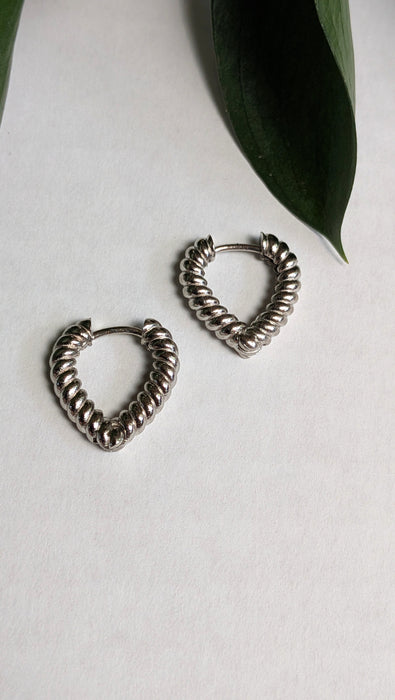 Pair of silver hoop earrings on a white surface with a green leaf.