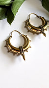 Gold hoop earrings with decorative elements on a white surface with green leaves.
