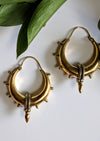 Gold hoop earrings with intricate designs on a white surface with green leaves.