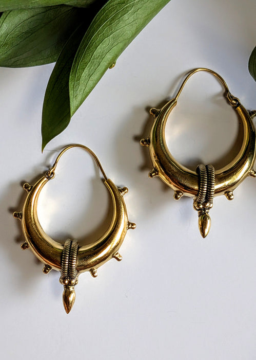 Gold hoop earrings with intricate designs on a white surface with green leaves.